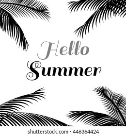 Hello Summer in Brazil. t shirt Holiday banner summer carnival. Summer kids camp. Palm tree frame. Tropical frame with Palm leafs lettering Summer calligraphy letters Rio 2023, tee shirt print graphic