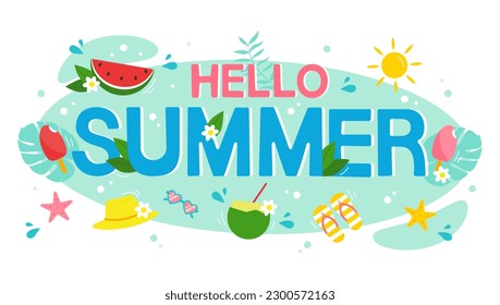 Hola verano brillante fondo para el diseño de banners. Afiche horizontal, tarjeta de saludo, encabezado para el sitio web. Ilustración del vector