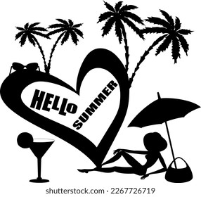 Hola verano. Luminoso fondo de verano. En primer plano sonriente con traje de baño bajo un paraguas, banner de venta de verano, diseño de afiches. Silhouette