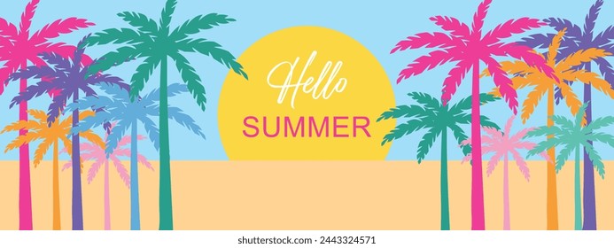 Hello summer. Bright banner with colored palm trees. Vector.