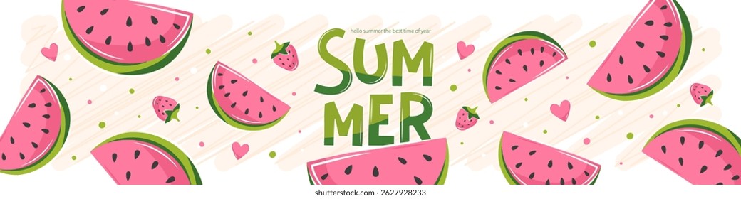 Hello Summer bright banner design. Juicy watermelon slices with strawberries and hearts on an abstract background. Vector illustration for poster, cover, sales
