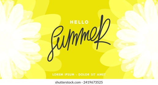 Hello summer. Bright billboard with a background of abstract flowers. Template for print or online advertising and promotion. Vector banner