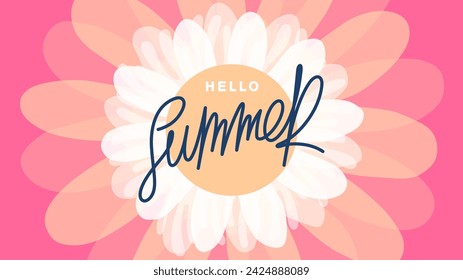 Hola verano. Cartel brillante con fondo de flores blancas y etiqueta con inscripción manuscrita. Plantilla para publicidad. Banner vectorial