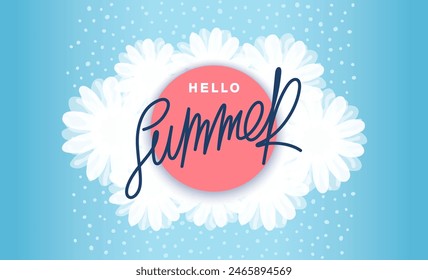 Hallo Sommer. Helle Plakatwand mit Hintergrund aus weißen Blumen und Etikett mit handschriftlicher Aufschrift. Vorlage für Werbung. Vektorgrafik Banner