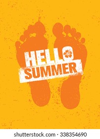 Hello Summer. Bright Creative Footprint Sand Beach Vector Illustration Concept On Distressed Background. 