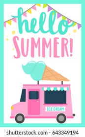 Hello summer. Bright and funny cartoon illustration. Hand drawn lettering. Editable vector