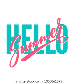 Hello summer bright hand writing, lettering, calligraphy, typography. Print for T-shirt. Graphic design vector element in two color isolated on white
