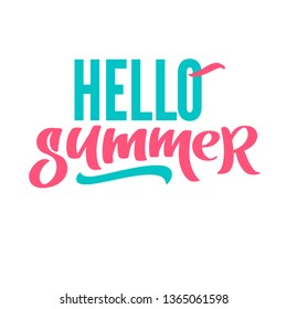 Hello summer bright hand writing, lettering, calligraphy, typography. Print for T-shirt. Graphic design vector element in two color isolated on white
