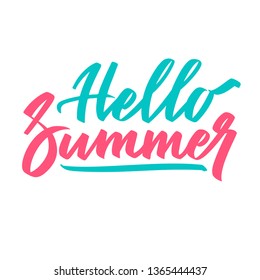 Hello summer bright hand writing, lettering, calligraphy, typography. Print for T-shirt. Graphic design vector element in two color isolated on white