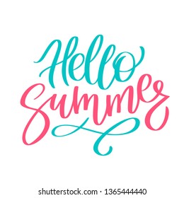Hello summer bright hand writing, lettering, calligraphy, typography. Print for T-shirt. Graphic design vector element in two color isolated on white