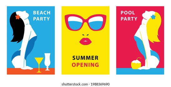 Hello Summer. Bright illustrations with summer posters, cards, prints. Beautiful girl in swim pool, close-up female face, sunglasses. Colorful background. Modern vector flat style.