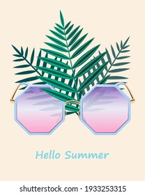 Hola verano - un folleto brillante con gafas rosadas de moda y hojas de palma en un fondo de champán. Ilustración vectorial de material es adecuada para una tarjeta de felicitación, banner web o soporte publicitario