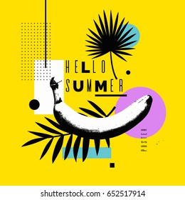 Hola verano. Afiche luminoso con un plátano sobre fondo abstracto con hojas de palma y formas geométricas. Ilustración del vector