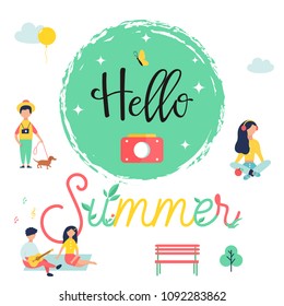 Hello Summer bright poster, banner with minimalistic people