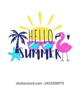 Hola poster brillante de verano. Letras, palma, flamenco, sol, gafas de sol y estrella de mar en blanco. Diseño tropical de moda para impresión, póster, tarjeta. Ilustración vectorial.