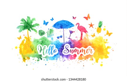 Hello summer bright rainbow banner, postcard. Watercolor splash background and summer silhouettes of palm tree, flamingo, sunglasses and tropical leaves. Vector illustration