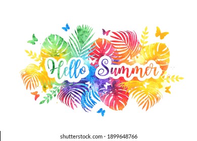 Hello summer bright rainbow banner, postcard. Vector Watercolor splash background 