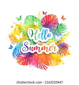 Hola verano brillante bandera arco iris, postal. Fondo de salpicadura de color de agua vectorial