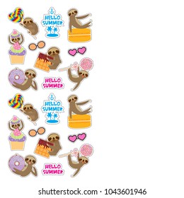 Hello Summer bright tropical card banner design, fashion patches badges stickers. Kawaii cute face sloth collection with cake pops, donut, lollipop, waffle, macaroon on white background. Vector