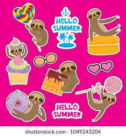 Hello Summer bright tropical card banner design, fashion patches badges stickers. Kawaii cute face sloth collection with cake pops, donut, lollipop, waffle, macaroon on pink background. Vector
