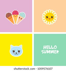 Hello Summer bright tropical card design, fashion patches badges stickers. Applicable for Banners, Poster. ice cream, sun, cat. Kawaii cute face. Vector