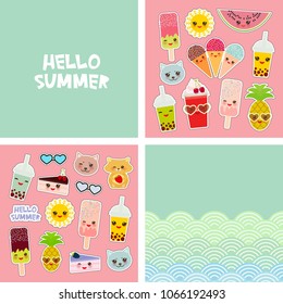 Hello Summer bright tropical card banner design, fashion patches badges stickers. Cat pineapple, smoothie cup, ice cream, bubble tea. Kawaii cute face. Applicable for Banners, Posters, Flyers. Vector