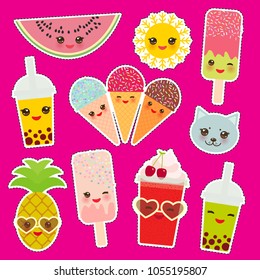 Hello Summer bright tropical pink card banner design, fashion patches badges stickers collection. Exotic fruits, pineapple, bubble tea tapioca cup, ice cream, sunglasses. Kawaii cute cat, sun. Vector