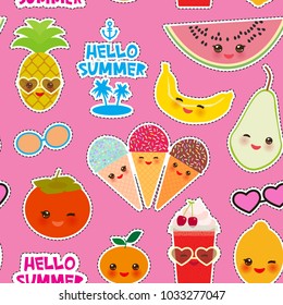 Hello Summer bright tropical seamless pattern, fashion patches badges stickers. Exotic fruits, pineapple, cherry smoothie cup, ice cream cone, sunglasses. Kawaii cute face. Pink background. Vector