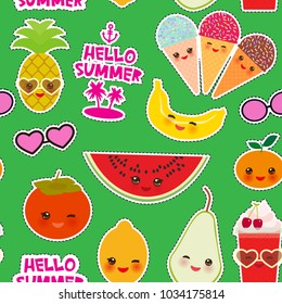 Hello Summer bright tropical seamless pattern, fashion patches badges stickers. Persimmon, pear, pineapple, cherry smoothie cup, ice cream cone, sunglasses. Kawaii cute face. Green background. Vector
