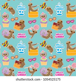 Hello Summer bright tropical seamless pattern, fashion patches badges stickers. Kawaii cute face sloth collection with cake pops, donut, lollipop, waffle, macaroon on blue background. Vector