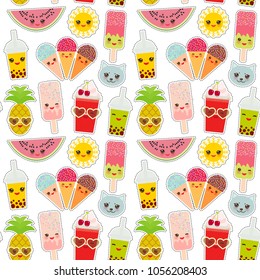 Hello Summer bright tropical seamless pattern, fashion patches badges stickers. bubble tea tapioca, pineapple, cherry smoothie cup, ice cream, sunglasses. Kawaii cute cat sun. White background. Vector