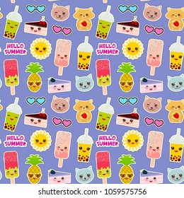 Hello Summer bright tropical seamless pattern design, fashion patches badges stickers. Pineapple, cherry smoothie cup, ice cream, sun, cat, cake, hamster. Kawaii cute face. lilac background. Vector 