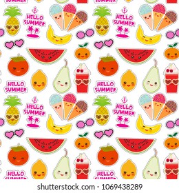 Hello Summer bright tropical seamless pattern, fashion patches badges stickers. Persimmon, pear, pineapple, cherry smoothie cup, ice cream cone, sunglasses. Kawaii cute face. White background. Vector