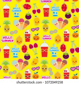 Hello Summer bright tropical seamless pattern, fashion patches badges stickers. Exotic fruits, pineapple, cherry smoothie cup, ice cream cone, sunglasses. Kawaii cute face. yellow background. Vector