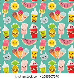 Hello Summer bright tropical seamless pattern, fashion patches badges stickers. tapioca bubble tea, pineapple, cherry smoothie cup, ice cream, sunglasses. Kawaii cute cat, sun. Blue background. Vector