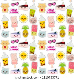 Hello Summer bright tropical seamless pattern design, fashion patches badges stickers. Pineapple, tapioca bubble tea cup, ice cream, sun, cat, cake, hamster. Kawaii cute face. White background. Vector