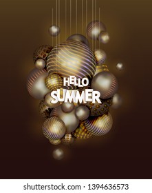 Hello summer. Brown  abstract  background with dynamic 3d spheres and paper-cut letters. Abstract brown balls of various shapes. Modern cover design. Vector seasonal illustration.