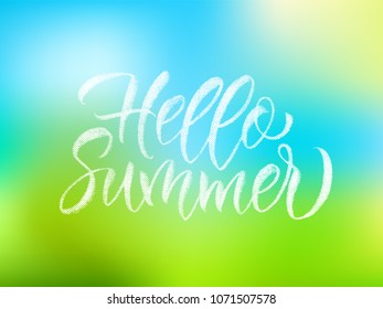 Hello Summer brush lettering typography in bit format on blurred background. Calligraphic banner poster, invitation  template, sea beach background, greeting card