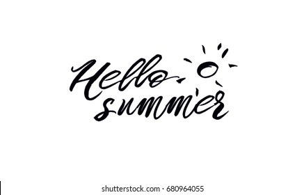 Hello summer - brush lettering vector design. Hand drawn template