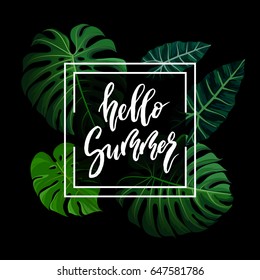 Hello Summer brush lettering. Vocation cards, banners, posters design. Green palm tropical leaves background. Handwritten modern brush pen calligraphy.  Vector illustration stock vector.