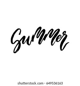 Hello Summer brush lettering. Vocation cards, banners, posters design. Green palm tropical leaves background. Handwritten modern brush pen calligraphy. Vector illustration stock vector.