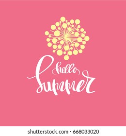 Hello summer brush typography on natural background with branches and flower