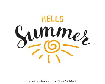 Hello Summer brushpen lettering composition with sun. Motivational typography for cards, wall prints and posters. Handwritten calligraphy. Playful and artistic words