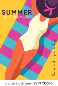 Hello summer brutalism cover. Woman in white swimsuit sunbathing. Rest and relax in tropical and exotic countries. Fashion, trend and style. Template and layout. Cartoon flat vector illustration