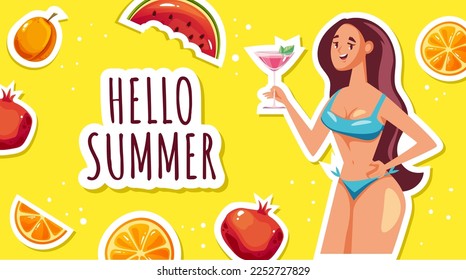 Hello summer bunner poster cover flyer concept. Vector cartoon graphic design element illustration