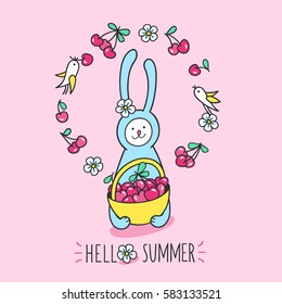 Hello summer. Bunny rabbit with full cherry basket and little birds flying and picking berries and flowers. Cute hand drawn animal character and graphic elements for kids design arranged in circle.