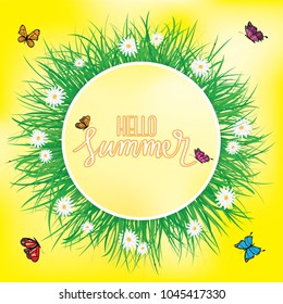 Hello Summer, Butterfly flying above the grass with flowers, Spring, Summer background