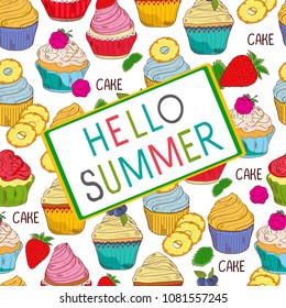 Hello summer. Cake. Template. Set. Sketch. Seamless