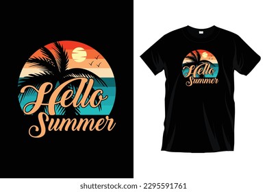 Hello summer. California Ocean side stylish t-shirt and trendy apparel design with palm tree silhouettes, typography, print, vector illustration. Summer Vacation t-shirt design vector