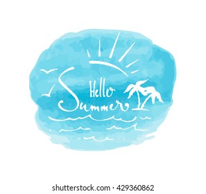Hello summer. calligraphic inscription, sun silhouettes, sea waves, trees. Logo, stamp, print. isolated vector on a background of blue watercolor. cloud sky. trend